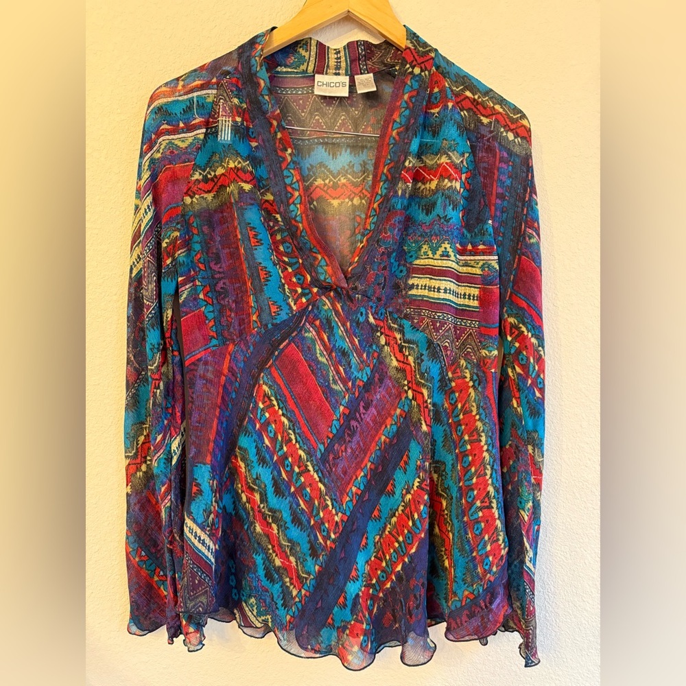 Y2K Style Chico’s 100% Silk Slip Blouse Scallop Cuff Hem Semi Sheer